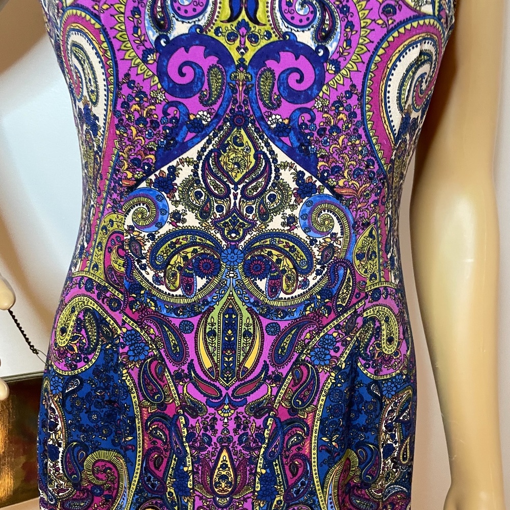 Purple green yellow navy paisley sheath midi dress - Picture 3 of 12